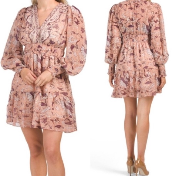 O.P.T Dresses & Skirts - 094. O.P.T Pink Floral Ruffle Long Sleeve V-Neck Dress
